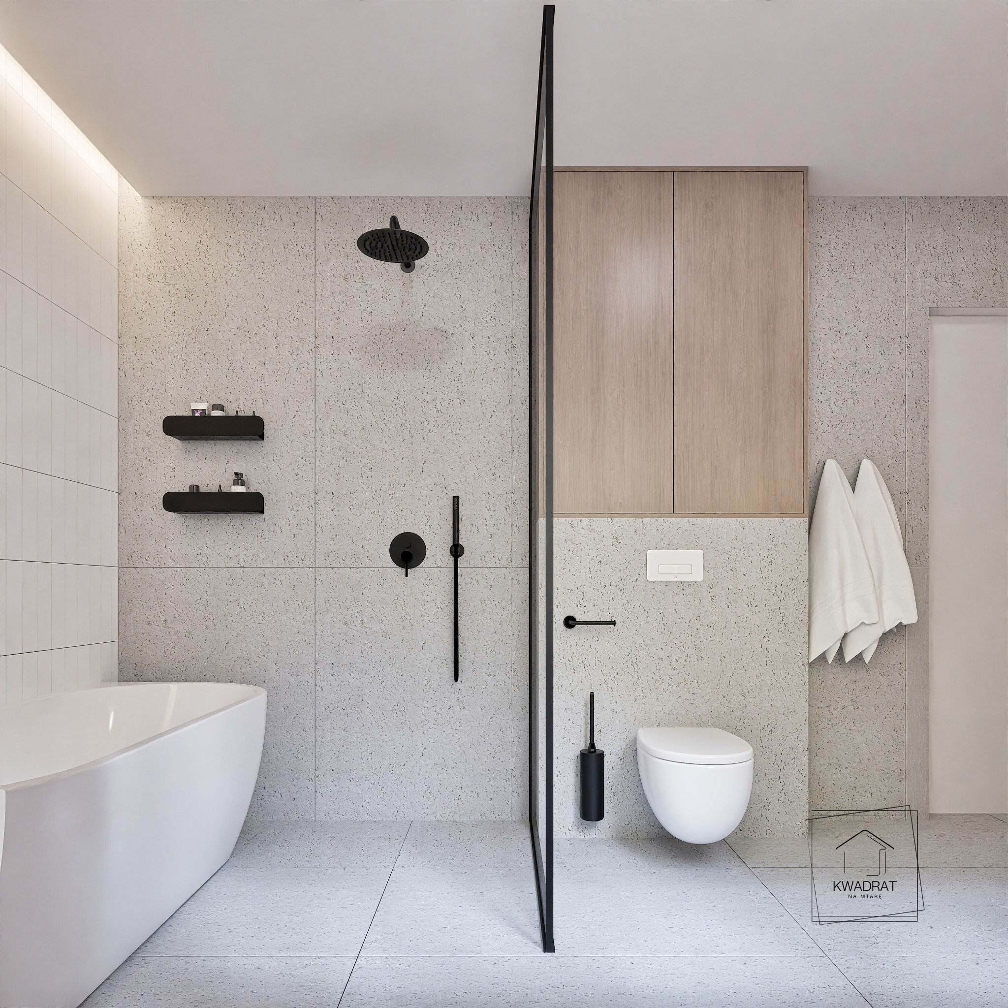 Minimalistyczna łazienka z kabiną walk-in, czarną armaturą i akcentami drewna. Jasne płytki imitują kamień, a proste półki dodają funkcjonalności.