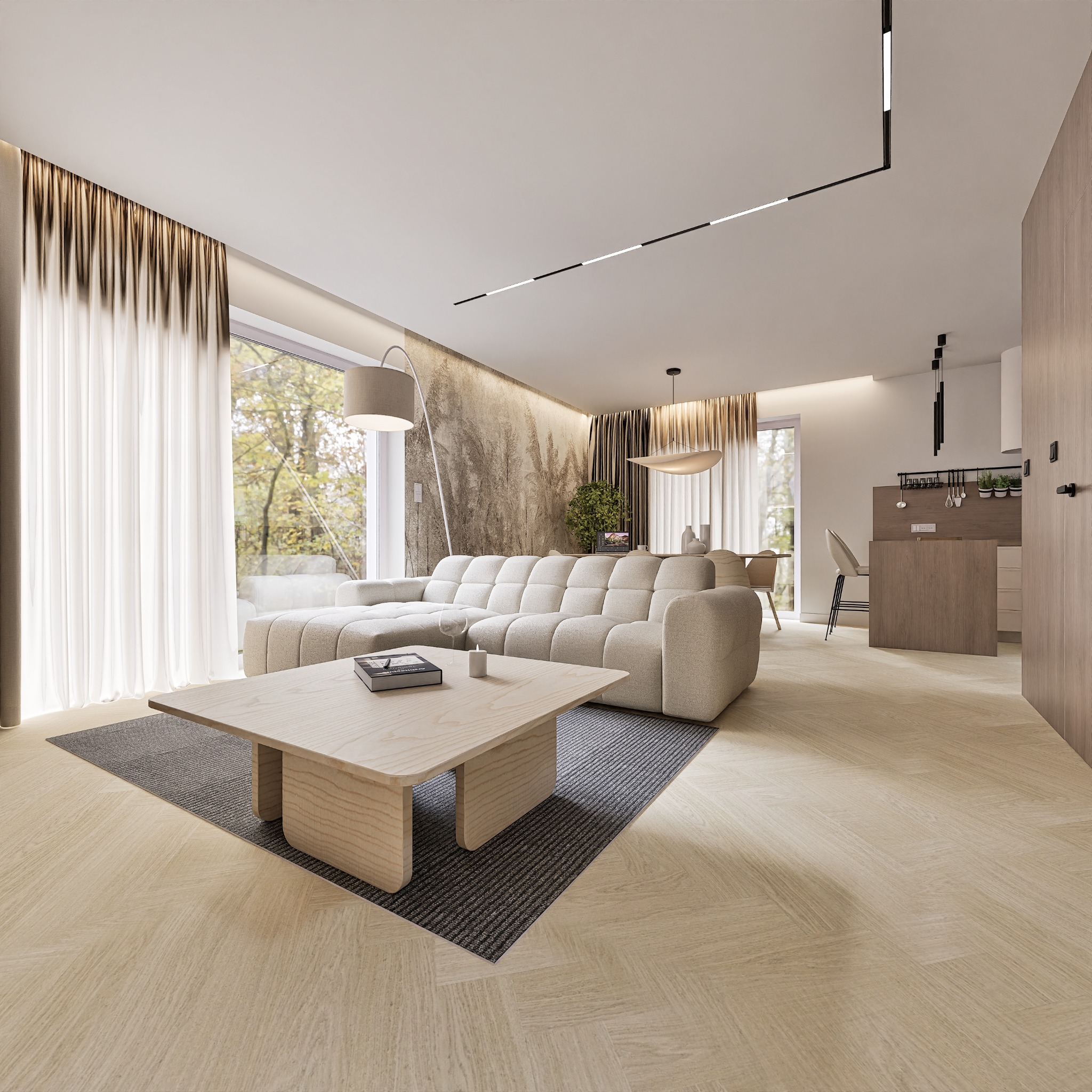 Jasne wnętrze salonu z narożnikiem, drewnianym stolikiem kawowym i parkietem w jodełkę. Duże okno z widokiem na drzewa. Nowoczesne oświetlenie sufitowe.