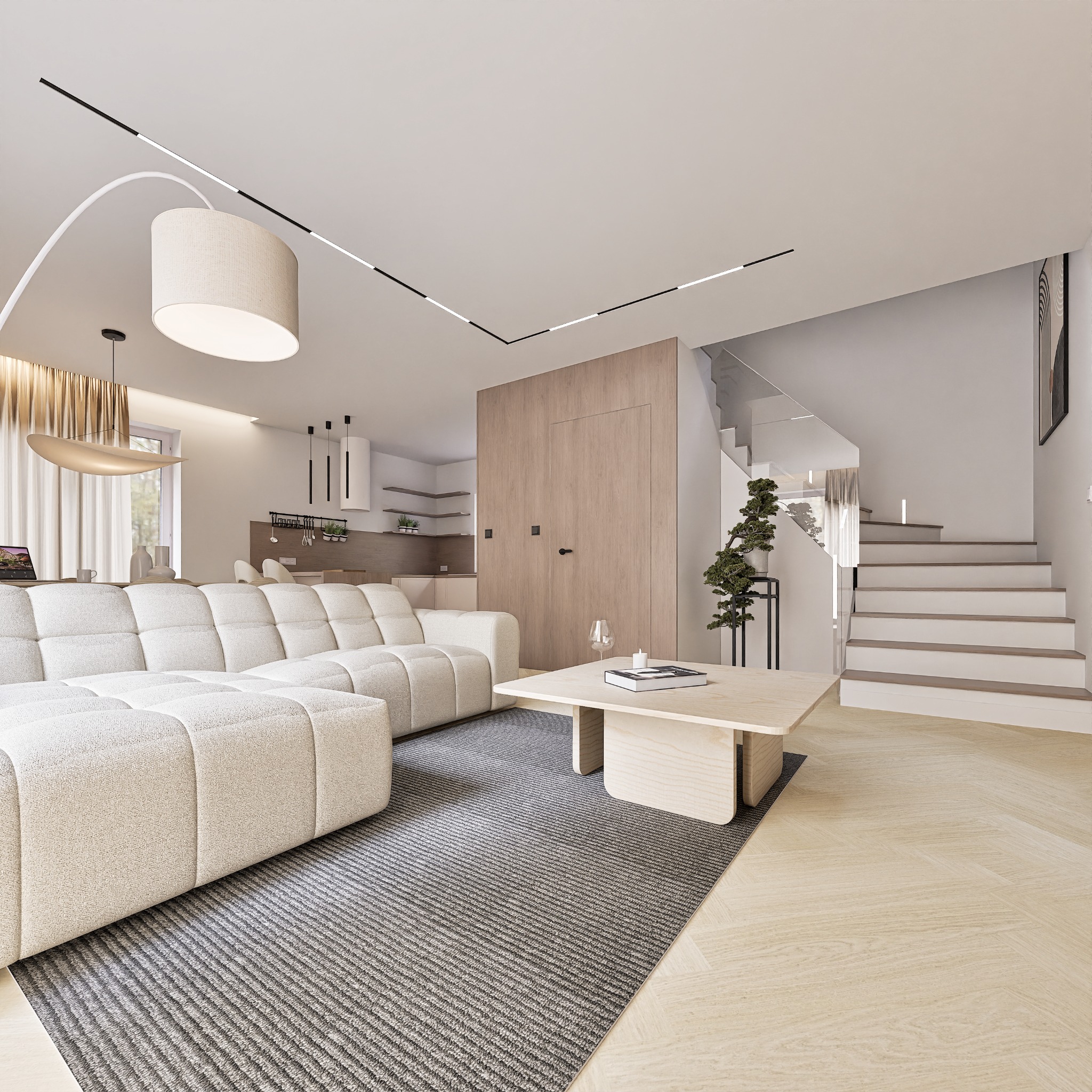 Jasne wnętrze z modułową sofą i drewnianym stolikiem kawowym na tle schodów i ukrytych drzwi, oświetlone nowoczesnymi lampami.