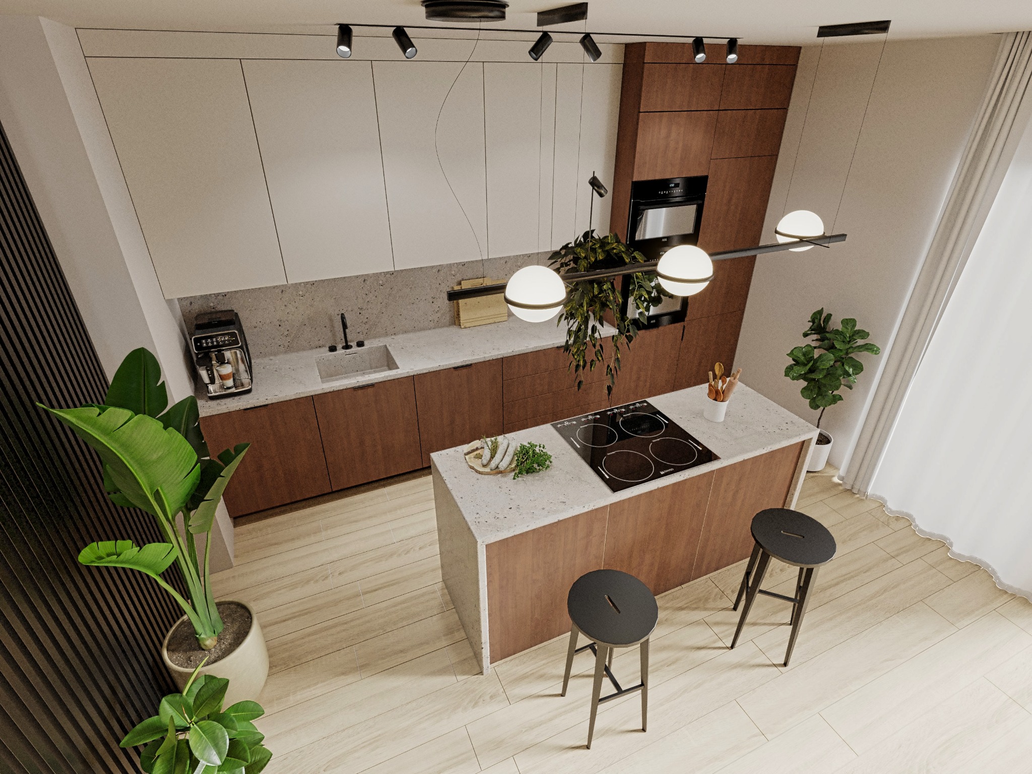 Nowoczesna kuchnia z wyspą i hokerami, widziana z góry. Jasne drewno, minimalistyczne szafki, wiszące lampy kuliste i rośliny doniczkowe tworzą przytulną atmosferę.