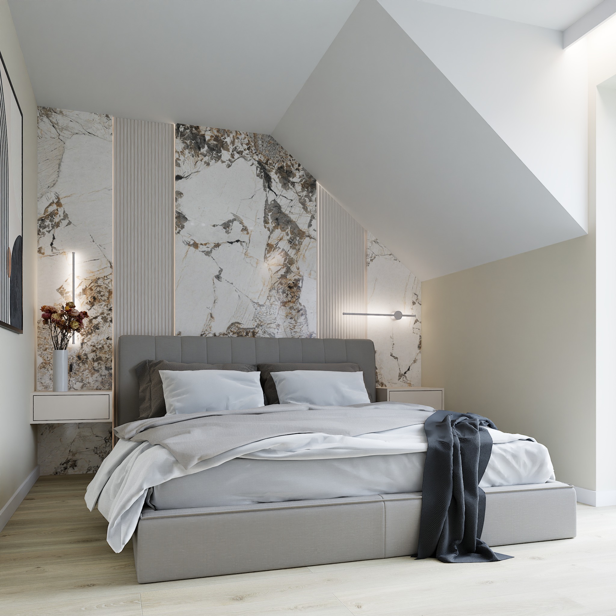 Sypialnia na poddaszu z szarym łóżkiem, marmurową ścianą i subtelnym oświetleniem. Wazon z kwiatami na szafce nocnej. Nowoczesny design.