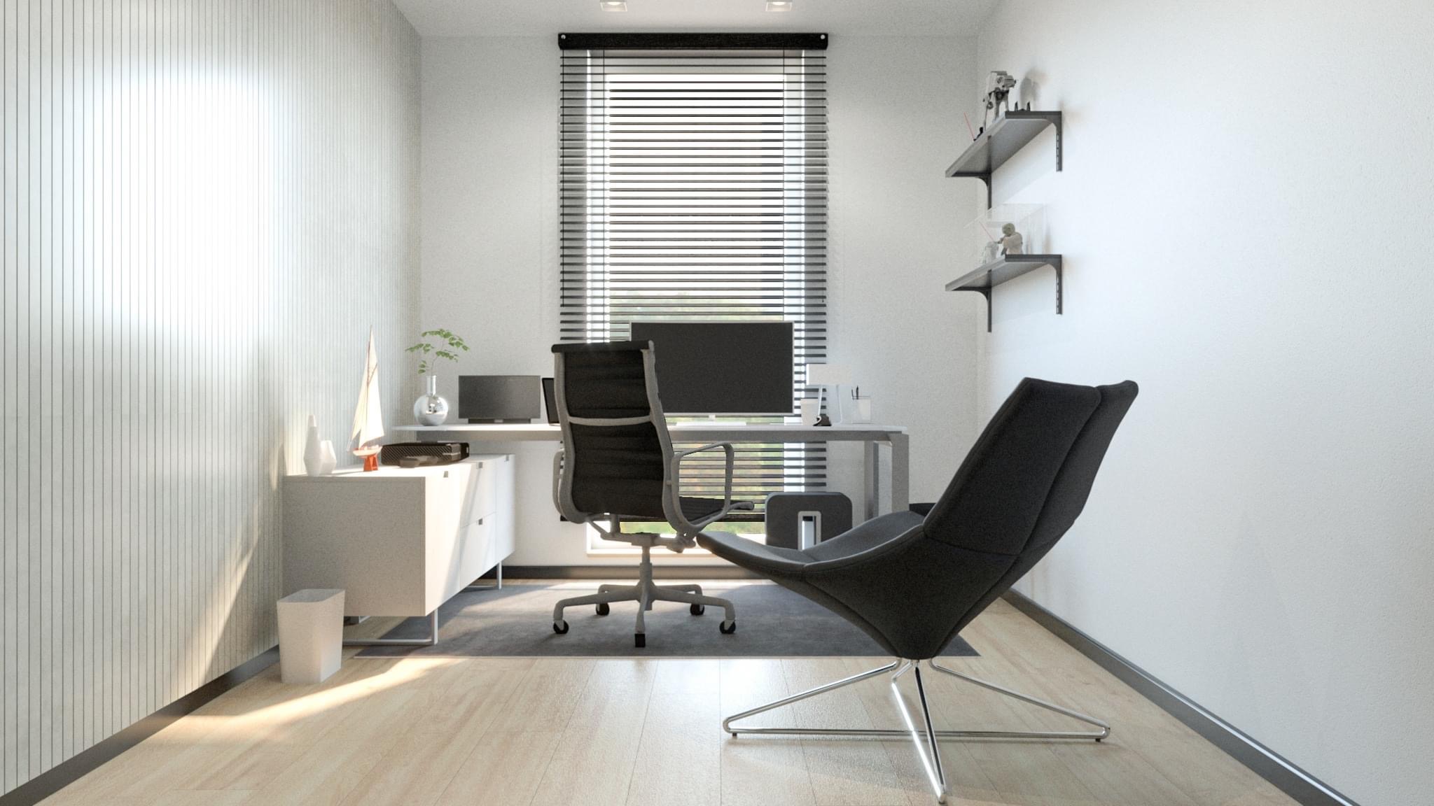 Nowoczesne biuro domowe z minimalistycznym biurkiem, ergonomicznym krzesłem biurowym i designerskim fotelem wypoczynkowym na metalowej podstawie, oświetlone naturalnym światłem przez okno z żaluzjami.