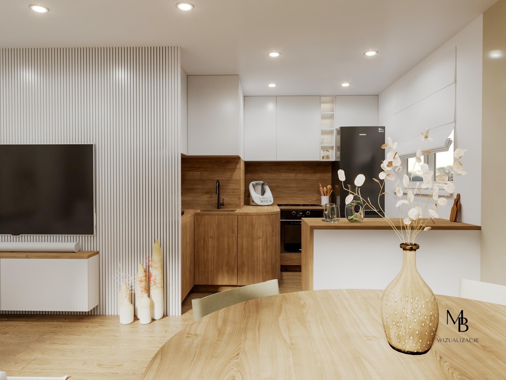 Wizualizacja wnętrza: nowoczesna kuchnia z drewnianymi i białymi szafkami, czarną lodówką Samsung, drewnianym blatem i okrągłym stołem z dekoracyjnym wazonem na pierwszym planie.