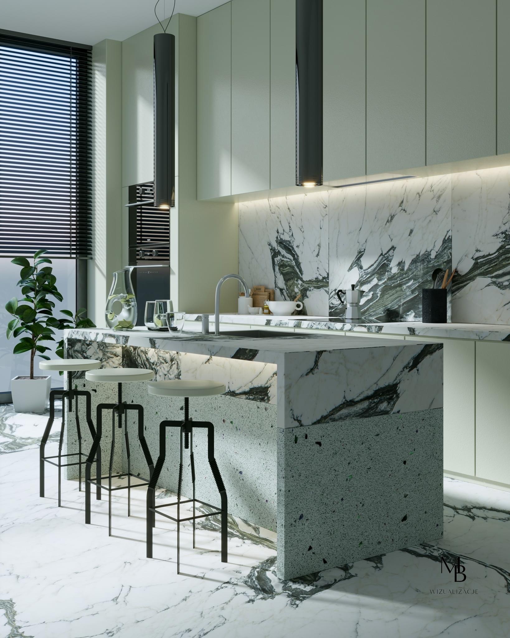 Nowoczesna kuchnia z marmurowym blatem i wyspą, oświetlona wiszącymi lampami tubami, z widokiem na okno z żaluzjami i rośliną w tle.