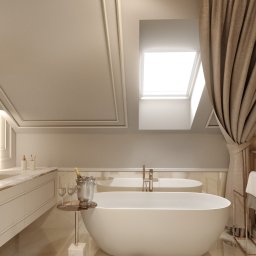 Załuczkowski Studio Interior Architecture - Elegancka łazienka na poddaszu z wolnostojącą wanną, szampanem w wiaderku z lodem, marmurową podłogą i oknem dachowym.