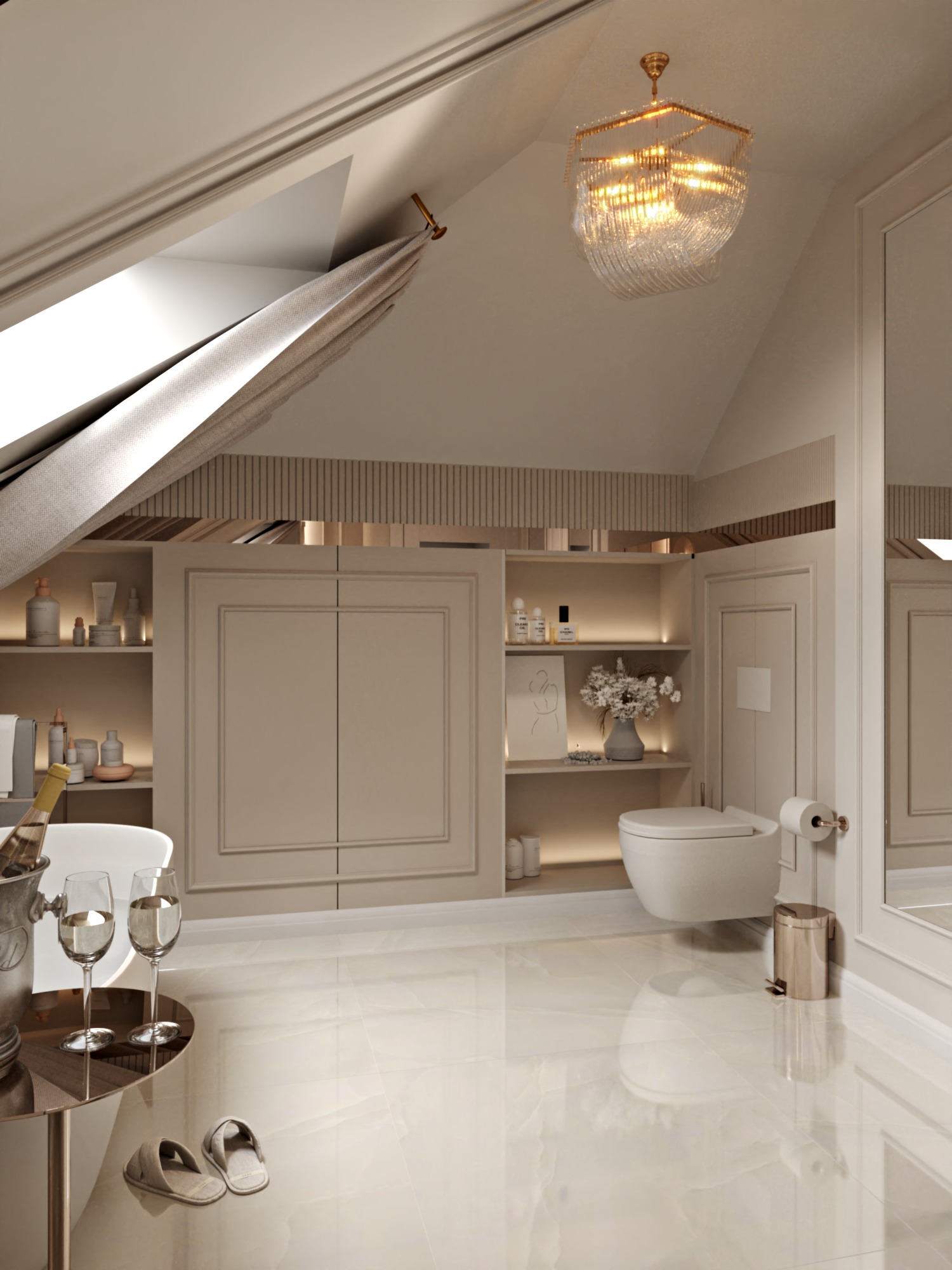 Luksusowa łazienka na poddaszu z oknem dachowym, szampanem w wiaderku z lodem i dwoma kieliszkami, eleganckim oświetleniem, beżową kolorystyką, toaletą i szafkami w zabudowie.