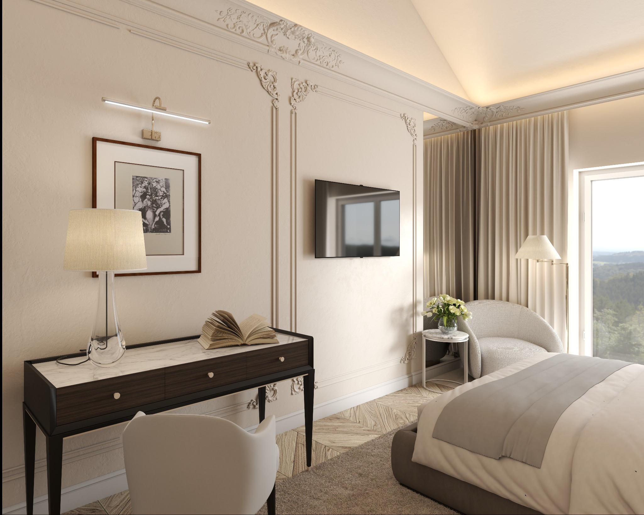 Elegancka sypialnia z dekoracyjnymi sztukateriami, biurkiem z marmurowym blatem i otwartą książką, telewizorem na ścianie i widokiem na zieleń za oknem.