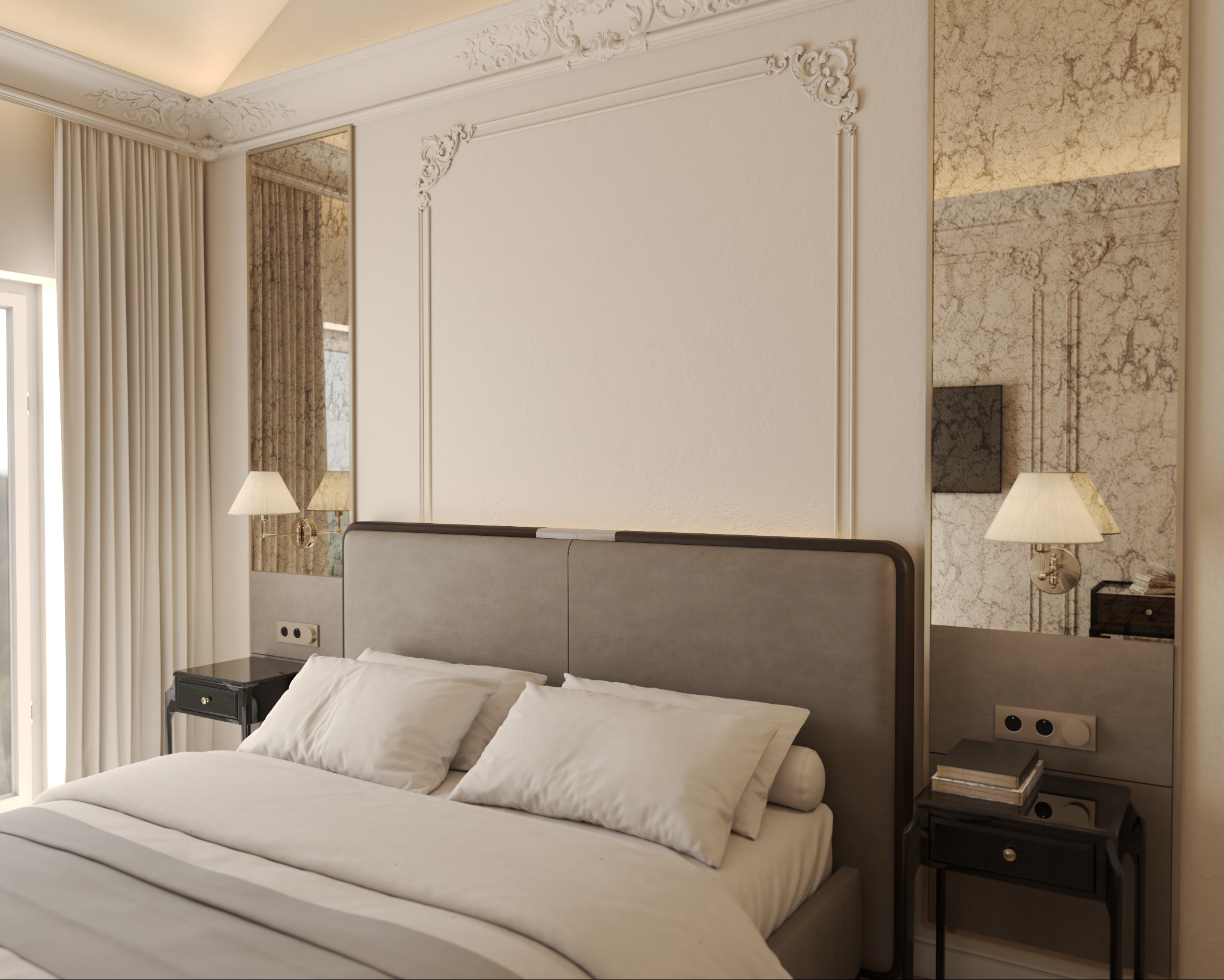 Elegancka sypialnia z łóżkiem kontynentalnym, klasycznymi zdobieniami na ścianach, lustrami w stylu vintage i nocnymi stolikami w czarnym połysku.