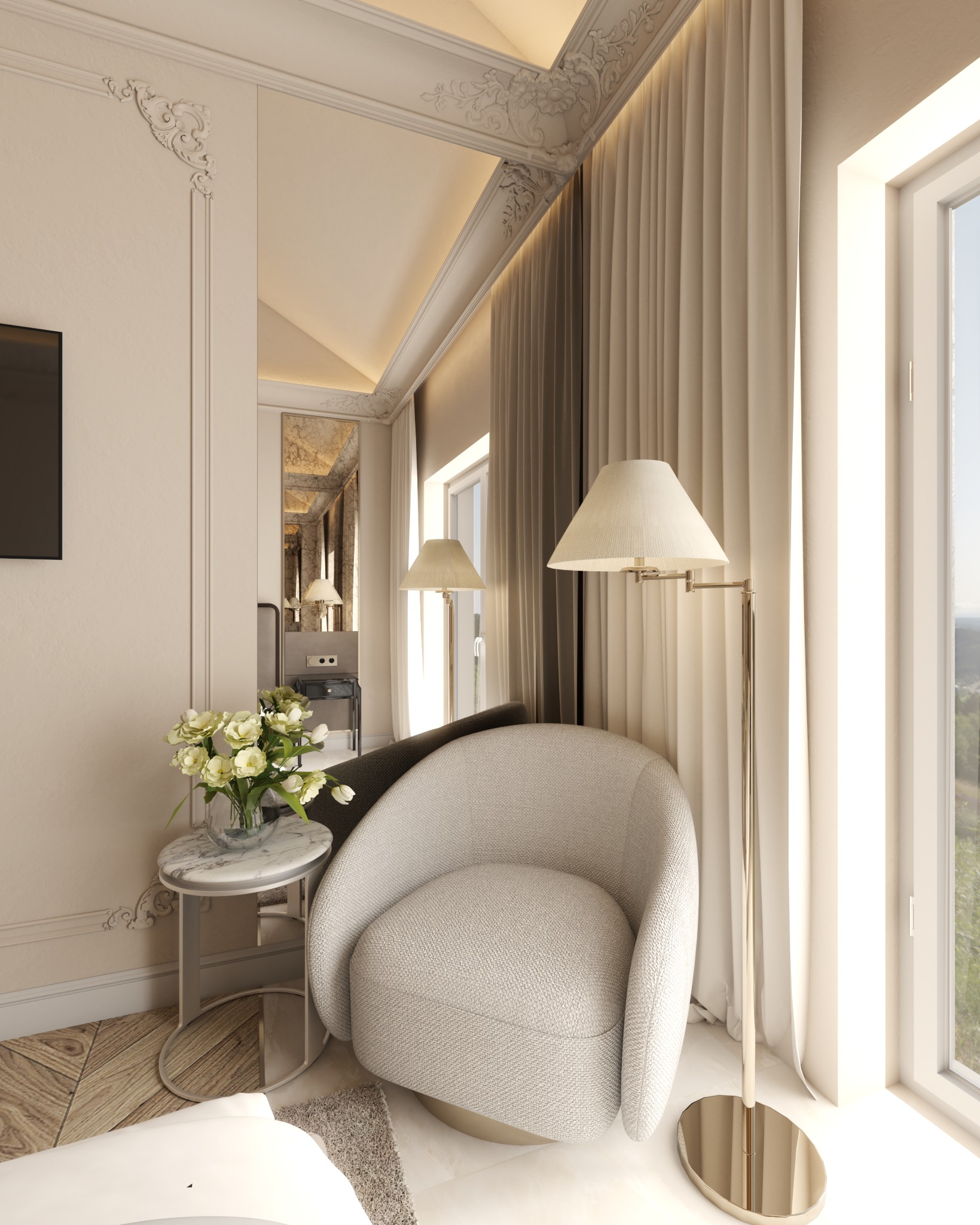 Elegancki pokój z jasnym fotelem, marmurowym stolikiem z bukietem białych kwiatów, złotą lampą podłogową i lustrem w ozdobnej ramie, widzianym w odbiciu.