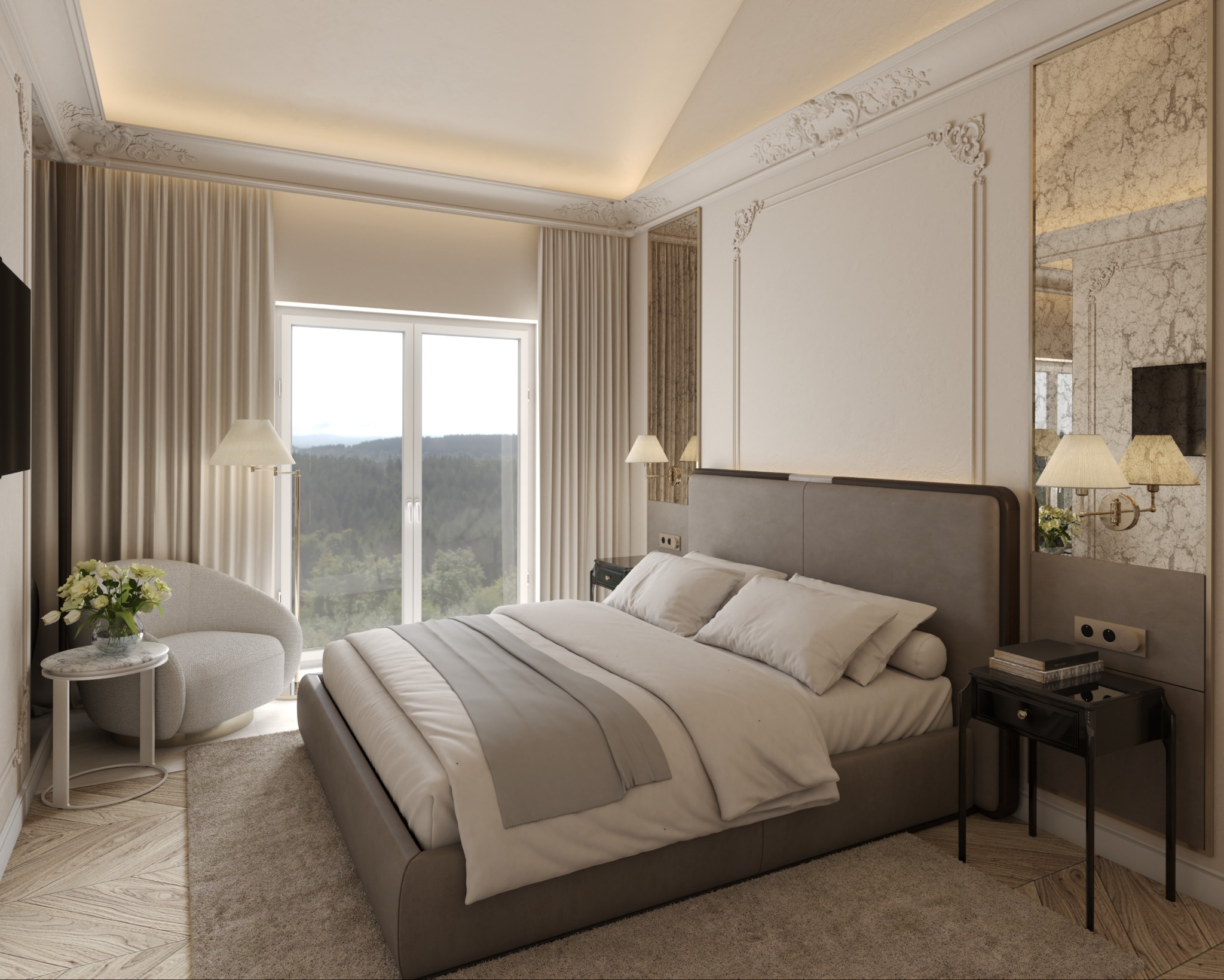 Elegancka sypialnia w stylu klasycznym z łóżkiem kontynentalnym, stolikami nocnymi, krzesłem i widokiem na las za oknem.