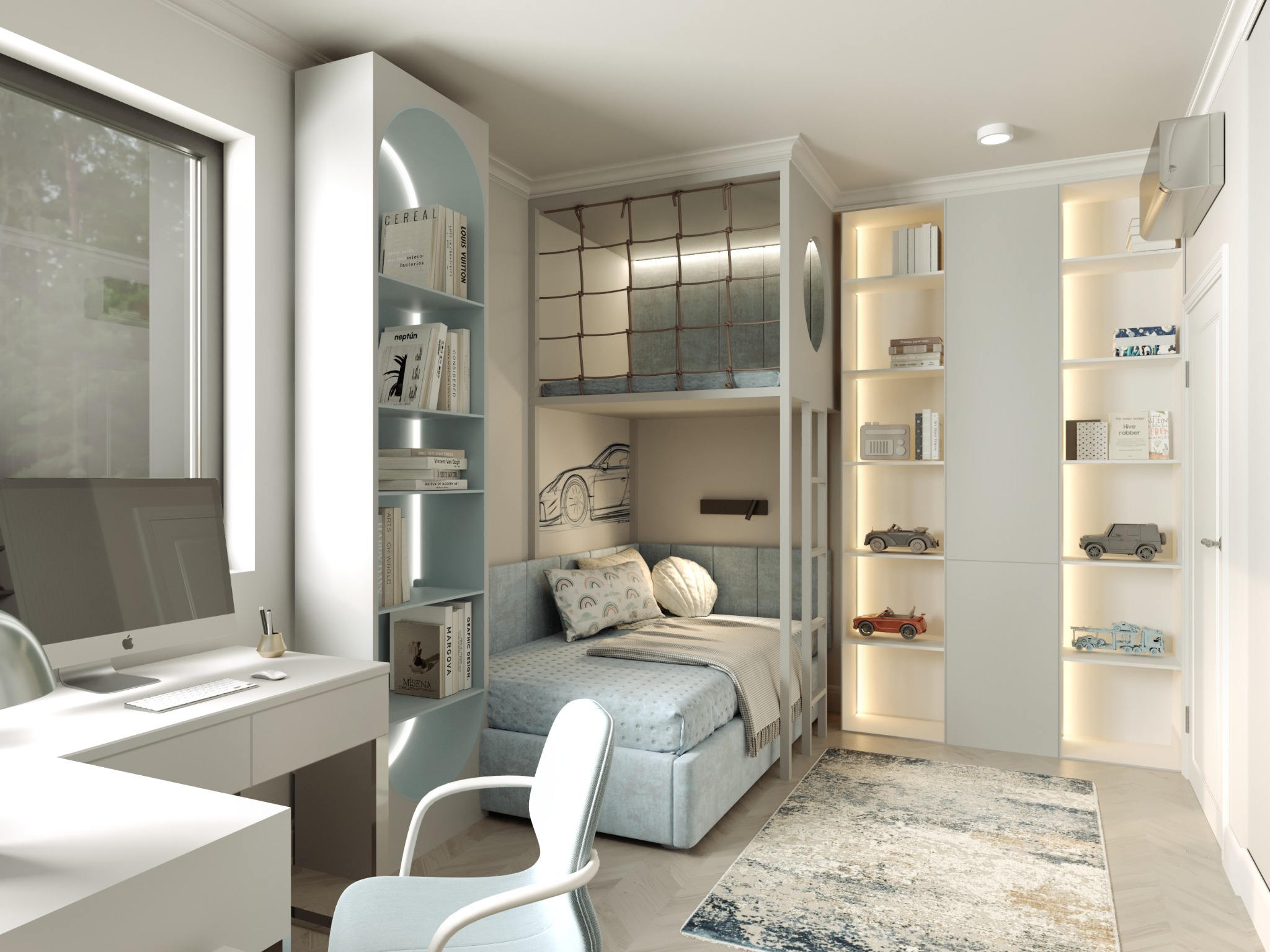 Pokój dziecięcy z łóżkiem piętrowym, biurkiem z komputerem Apple, regałami z oświetleniem LED i dywanem w odcieniach błękitu i beżu. Na ścianie rysunek samochodu.