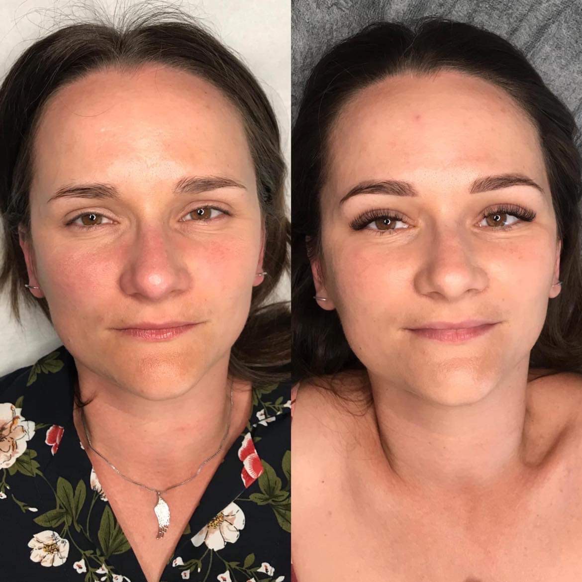 Zdjęcie 'przed i po' prezentujące efekt zagęszczonych i wystylizowanych brwi oraz rzęs u kobiety o brązowych oczach i włosach.