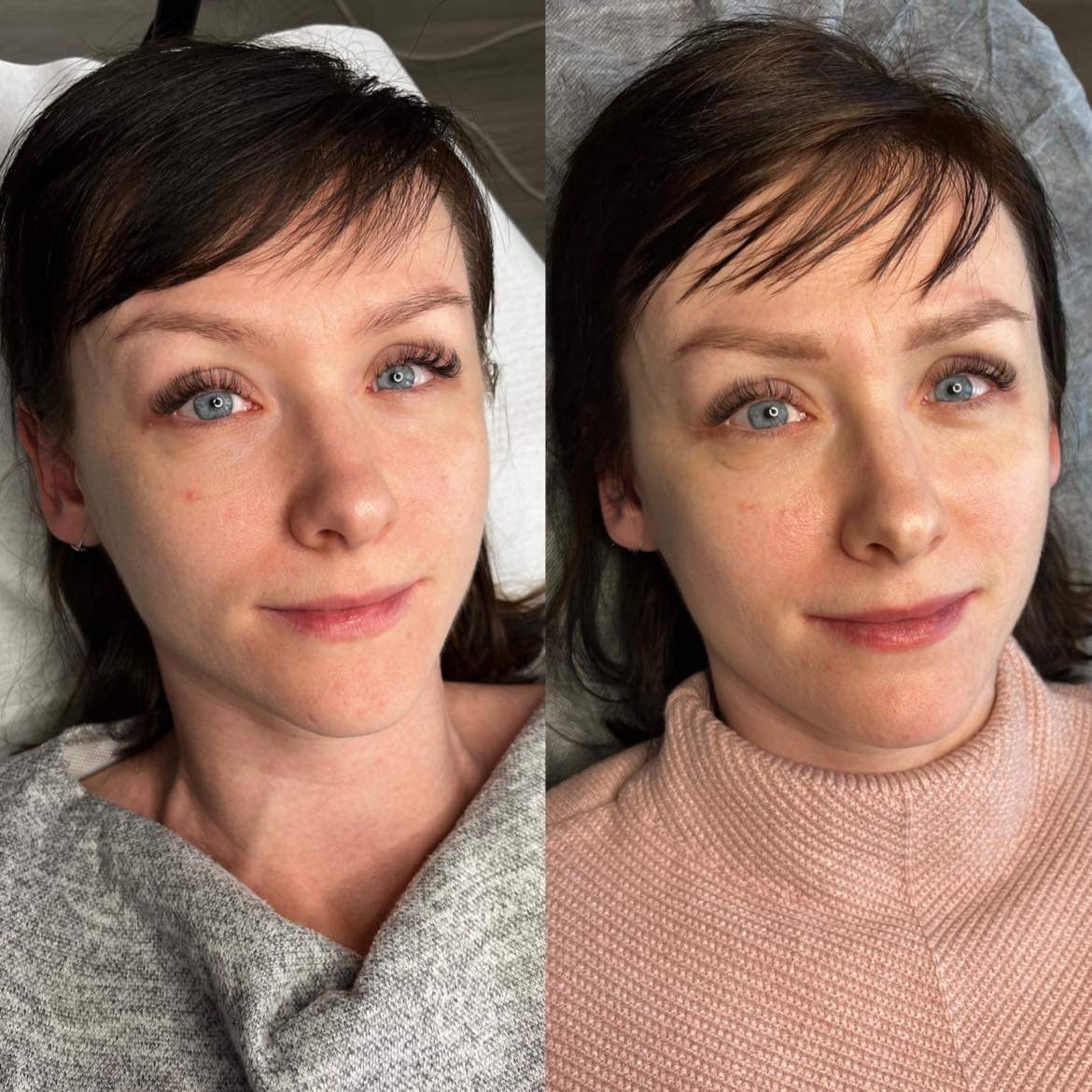 Kobieta z niebieskimi oczami, widok przed i po zabiegu przedłużania rzęs, delikatny makijaż, swetry w odcieniach szarości i różu.