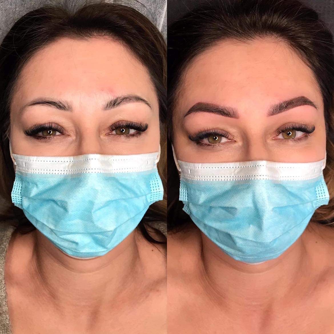 Zdjęcie przedstawia efekt przed i po zabiegu pigmentacji brwi, widoczne różnice w kształcie i kolorze brwi, twarz kobiety w maseczce ochronnej, z widocznymi rzęsami.
