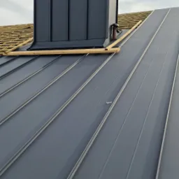 Szara blacha na dachu z widoczną konstrukcją więźby dachowej i kominem wentylacyjnym w tle, pochmurne niebo.