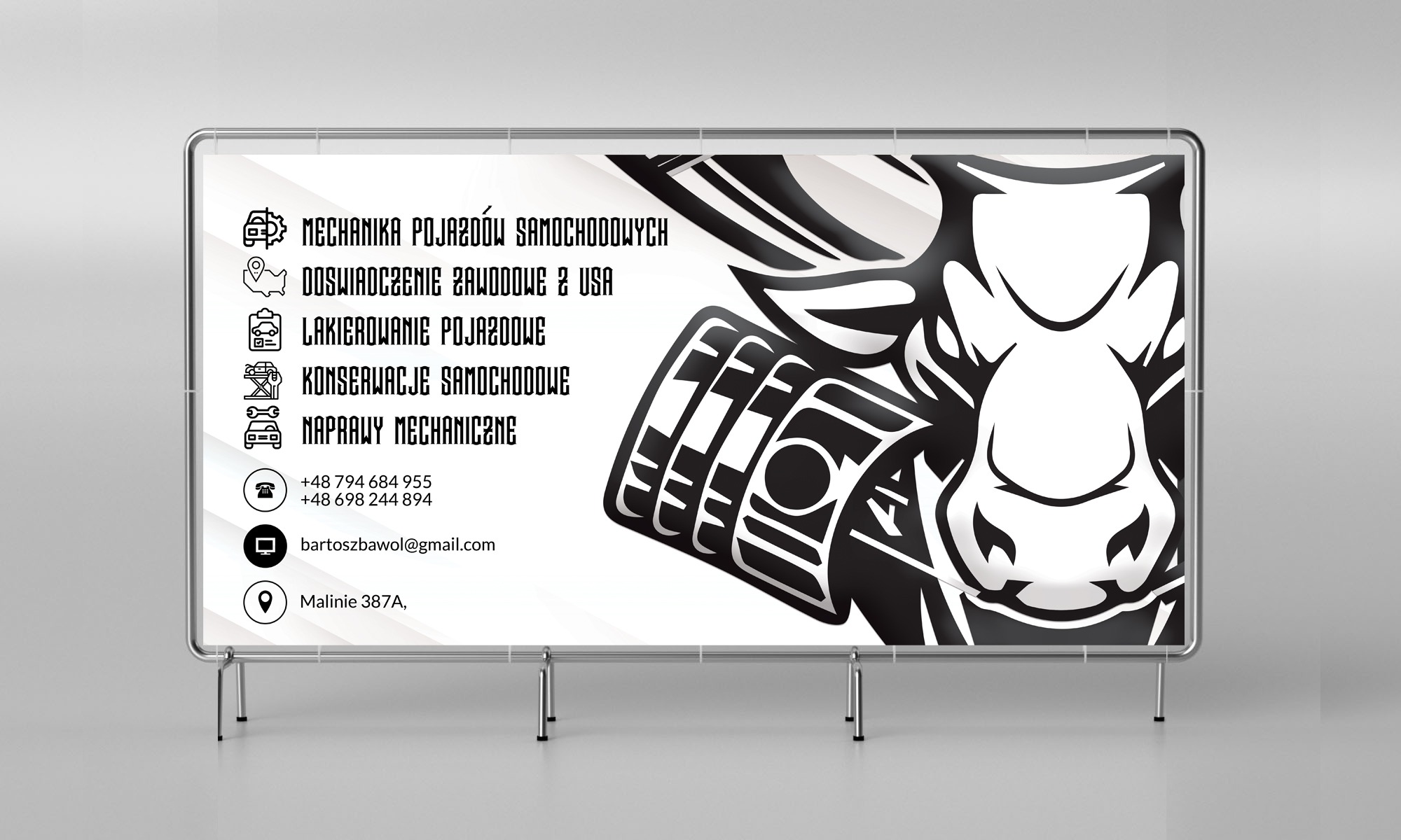 Billboard reklamowy z czarno-białą grafiką przedstawiającą stylizowaną głowę zwierzęcia i listą usług motoryzacyjnych: mechanika pojazdów, doświadczenie zawodowe, lakierowanie, konserwacja, naprawy...