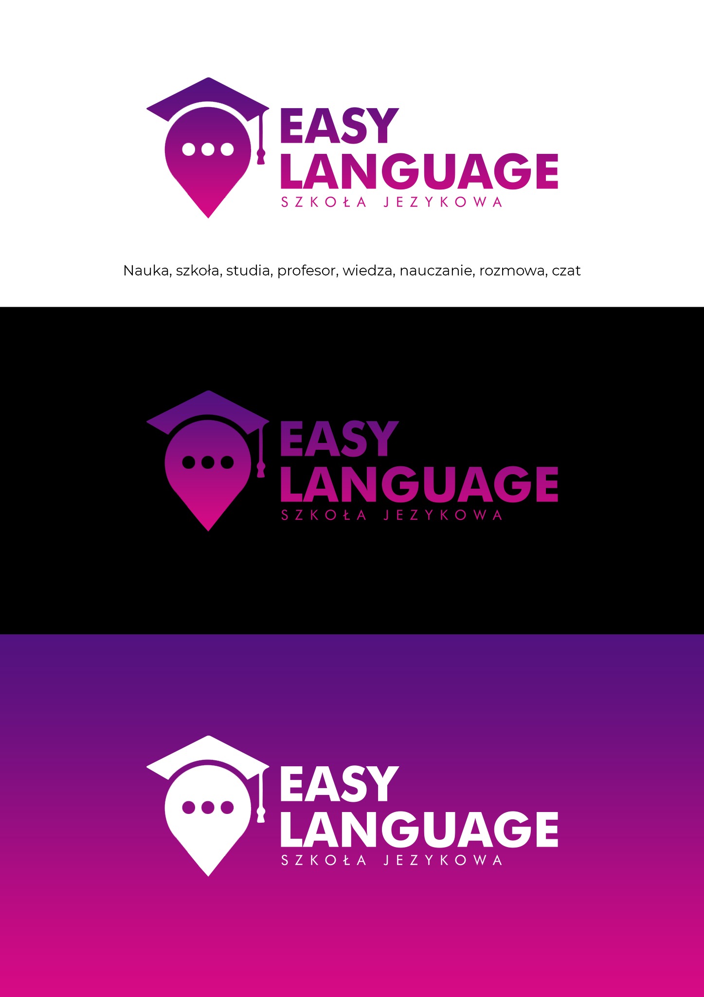 Trzy warianty logo szkoły językowej 'Easy Language' w kolorach fioletu i bieli, przedstawiające stylizowany kapelusz absolwenta połączony z ikoną chatu.