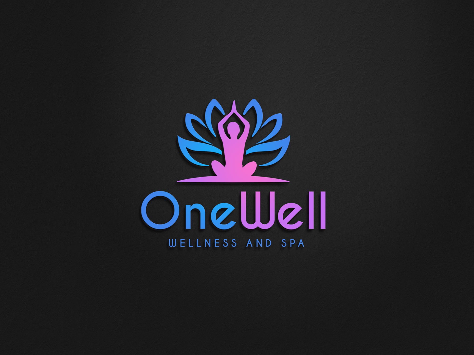 Logo firmy OneWell Wellness and Spa przedstawiające sylwetkę osoby w pozycji lotosu wewnątrz kwiatu lotosu, gradient kolorów od niebieskiego do różowego, na ciemnoszarym teksturowanym tle.
