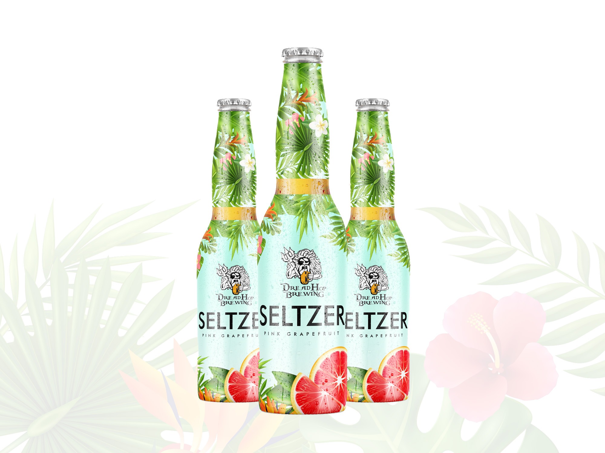 Trzy butelki seltzer z motywem tropikalnym, ozdobione grafiką liści palmowych, kwiatów i plasterków różowego grejpfruta, na białym tle z delikatnymi motywami roślinnymi.