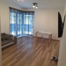 Jasne panele podłogowe ułożone w salonie z szarą sofą, białym stołem i telewizorem na ścianie.