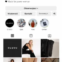 Profil na Instagramie marki odzieżowej Olvou prezentujący logo, opis marki 'Slow Fashion Made in Poland' oraz siatkę postów z modelkami w beżowych i czarnych stylizacjach.