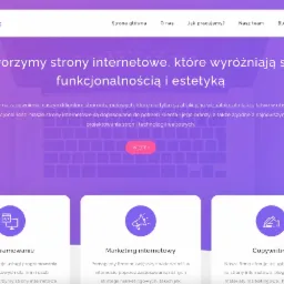 Strona internetowa firmy Loopcode.pl z fioletowym tłem, prezentująca ofertę tworzenia funkcjonalnych i estetycznych stron internetowych, programowania, marketingu internetowego i copywritingu.