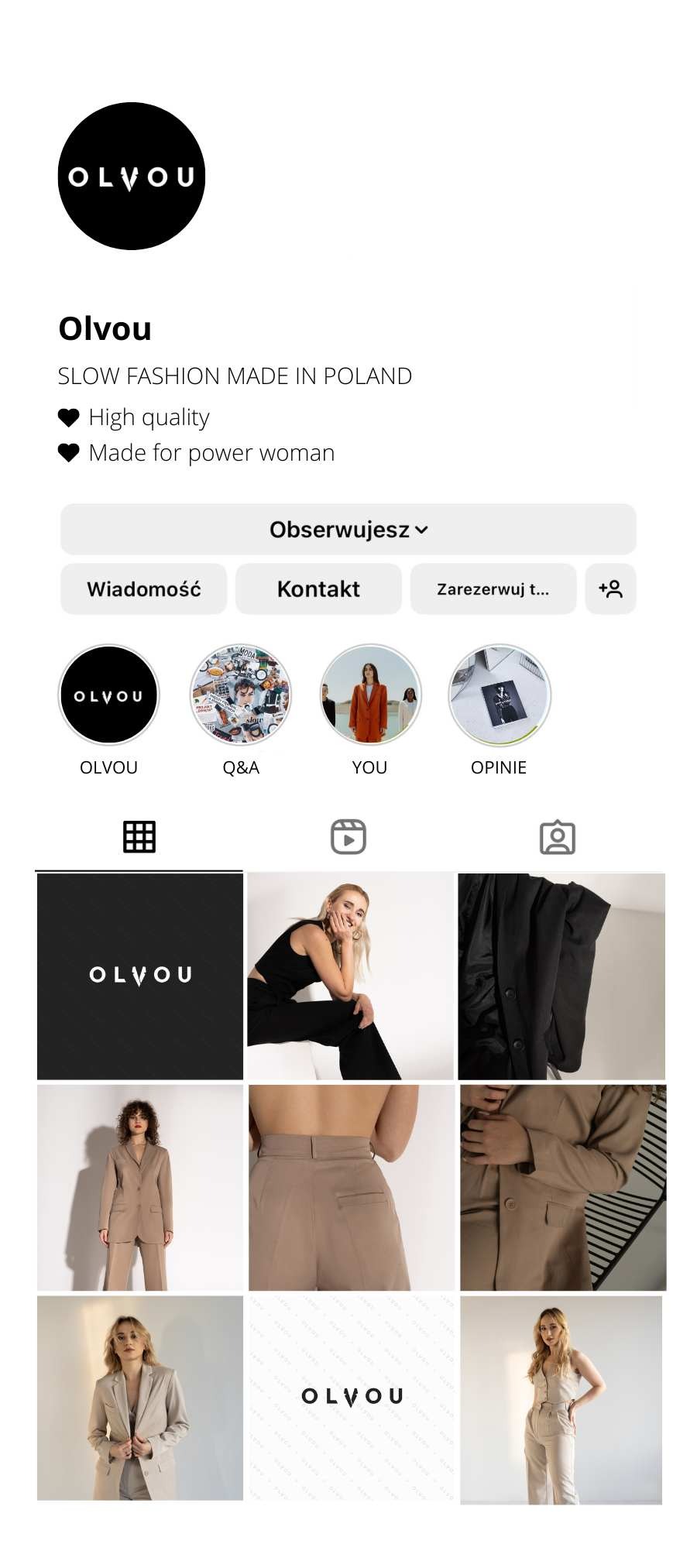 Profil na Instagramie marki odzieżowej Olvou prezentujący logo, opis marki 'Slow Fashion Made in Poland' oraz siatkę postów z modelkami w beżowych i czarnych stylizacjach.