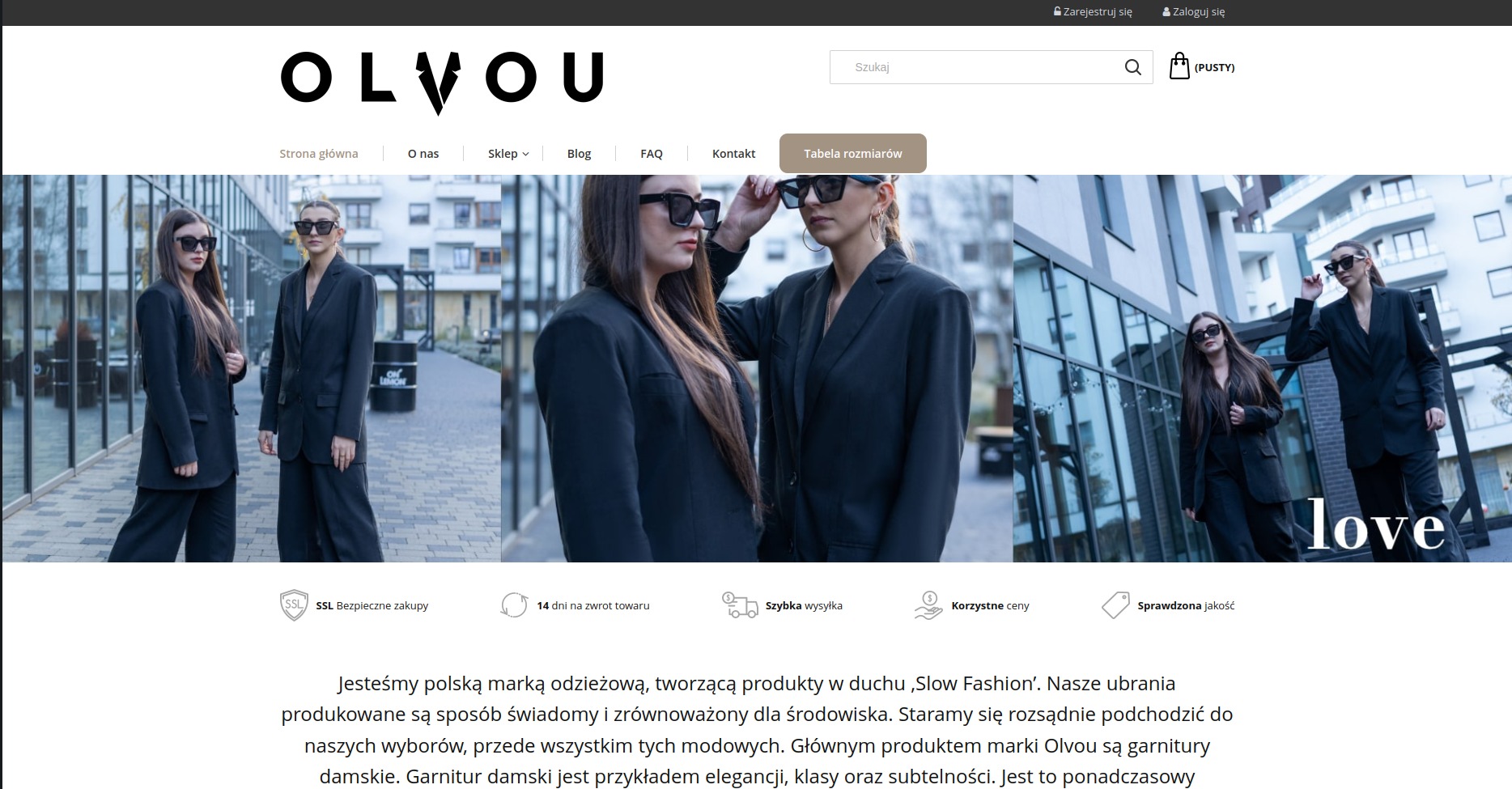 Strona główna sklepu internetowego z odzieżą marki Olvou, prezentująca modelki w czarnych garniturach na tle nowoczesnej architektury miejskiej, z widocznym logo i elementami nawigacji.