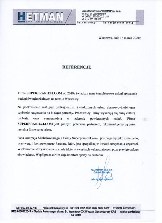 Skan dokumentu referencyjnego dla firmy sprzątającej Superpranie24.com, wystawionego przez Grupę Inwestycyjną Hetman, potwierdzającego wysoką jakość usług sprzątania budynków mieszkalnych w Warszawie.