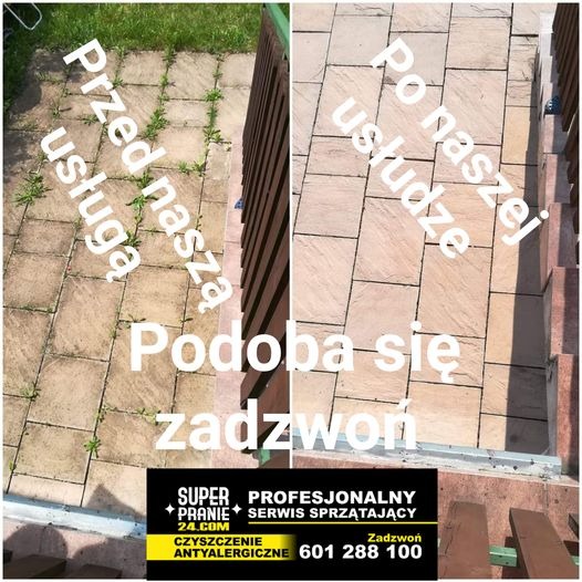 Porównanie stanu kostki brukowej przed i po czyszczeniu, widoczne usunięte chwasty i zabrudzenia, z dołączonym logo firmy sprzątającej z numerem telefonu.