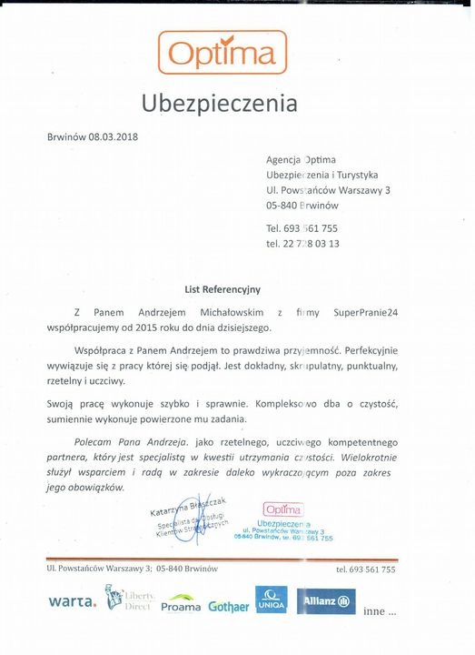 Skan listu referencyjnego firmy SuperPranie24, wystawionego przez Agencję Optima Ubezpieczenia, potwierdzającego wysoką jakość usług w zakresie utrzymania czystości.