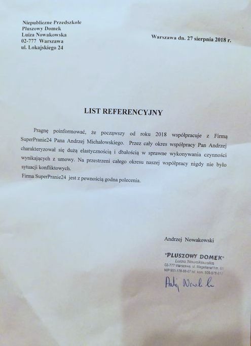 Skan listu referencyjnego dla firmy SuperPranie24 od Niepublicznego Przedszkola Pluszowy Domek, potwierdzający współpracę od 2018 roku i solidność firmy.