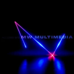 Abstrakcyjne zdjęcie z neonowymi liniami w kolorach różu i błękitu, odbijającymi się w ciemnej powierzchni. Widoczny napis 'FILMED BY MW MULTIMEDIA'.