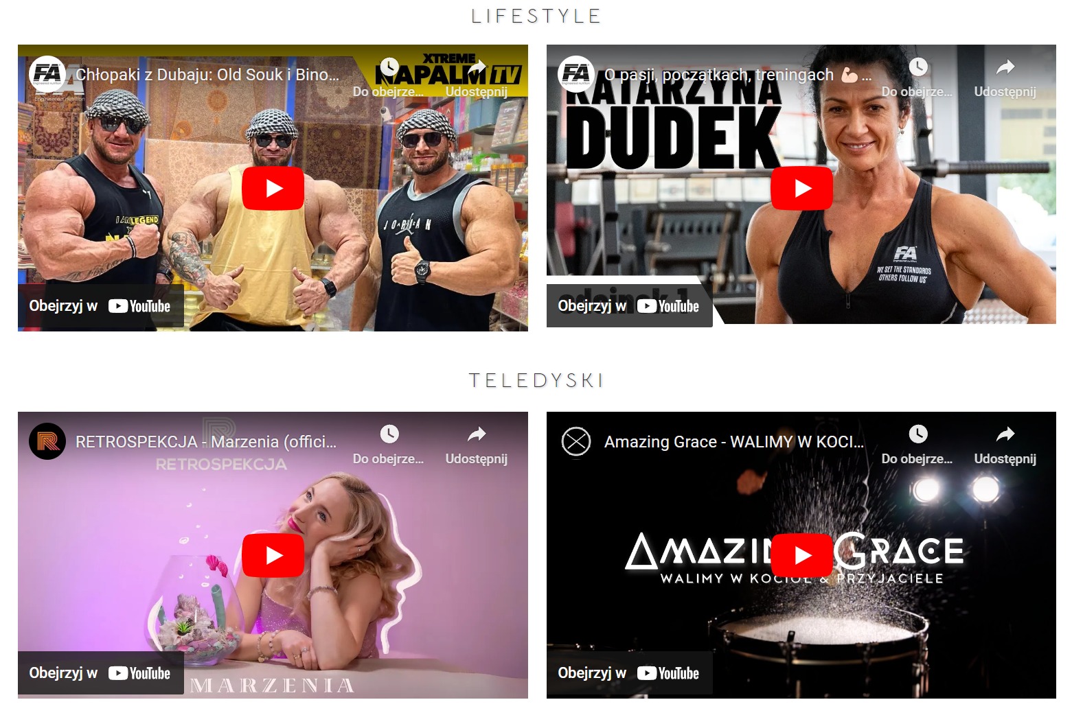 Zrzut ekranu strony internetowej z miniaturami filmów o tematyce lifestyle i teledysków, zawierający tytuły, logotypy i przyciski odtwarzania YouTube.