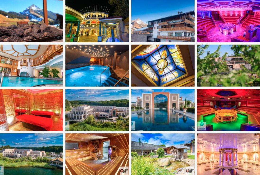 Kolaż zdjęć prezentujący różnorodne wnętrza i eksteriory luksusowych spa, hoteli i ośrodków wypoczynkowych, w tym baseny, sauny, sale do masażu, budynki z charakterystyczną architekturą...