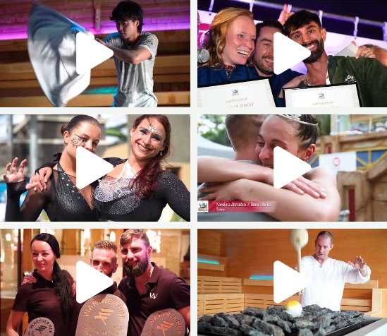 Zestaw kadrów z różnych wideorelacji: osoba machająca flagą na tle sceny, osoby z certyfikatami, uśmiechnięte kobiety z makijażem artystycznym, para obejmująca się na tle dekoracji, grupa osób...