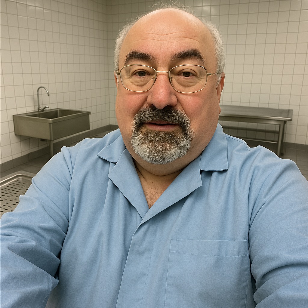 Portret mężczyzny w okularach i jasnoniebieskiej koszuli na tle kafelków w Tarnowie. Uśmiechnięty, z brodą i wąsami.