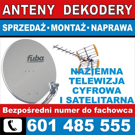 Grafika reklamowa z anteną satelitarną marki Fuba i anteną naziemną, oferująca sprzedaż, naprawę i bezpośredni kontakt do fachowca.
