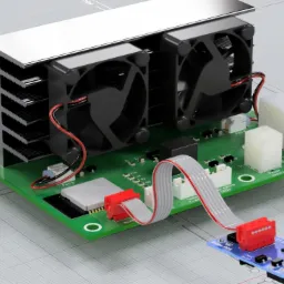 Wizualizacja 3D płyty głównej z dwoma wentylatorami i radiatorem, połączonej kablem taśmowym z modułem Proto PCB na tle siatki milimetrowej.