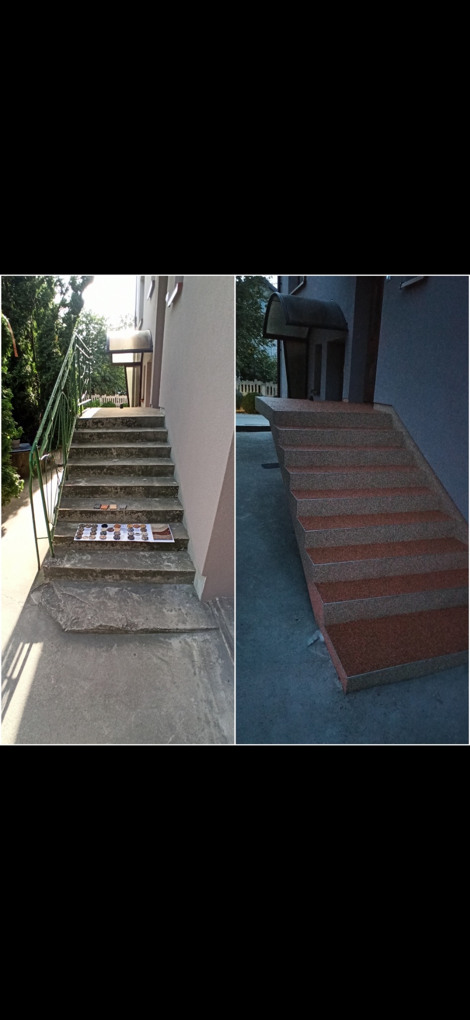 Porównanie schodów zewnętrznych przed i po renowacji w Łomży. Po lewej stronie widoczne stare, betonowe schody z zieloną barierką, na których leżą próbki materiałów. Po prawej stronie odnowione...