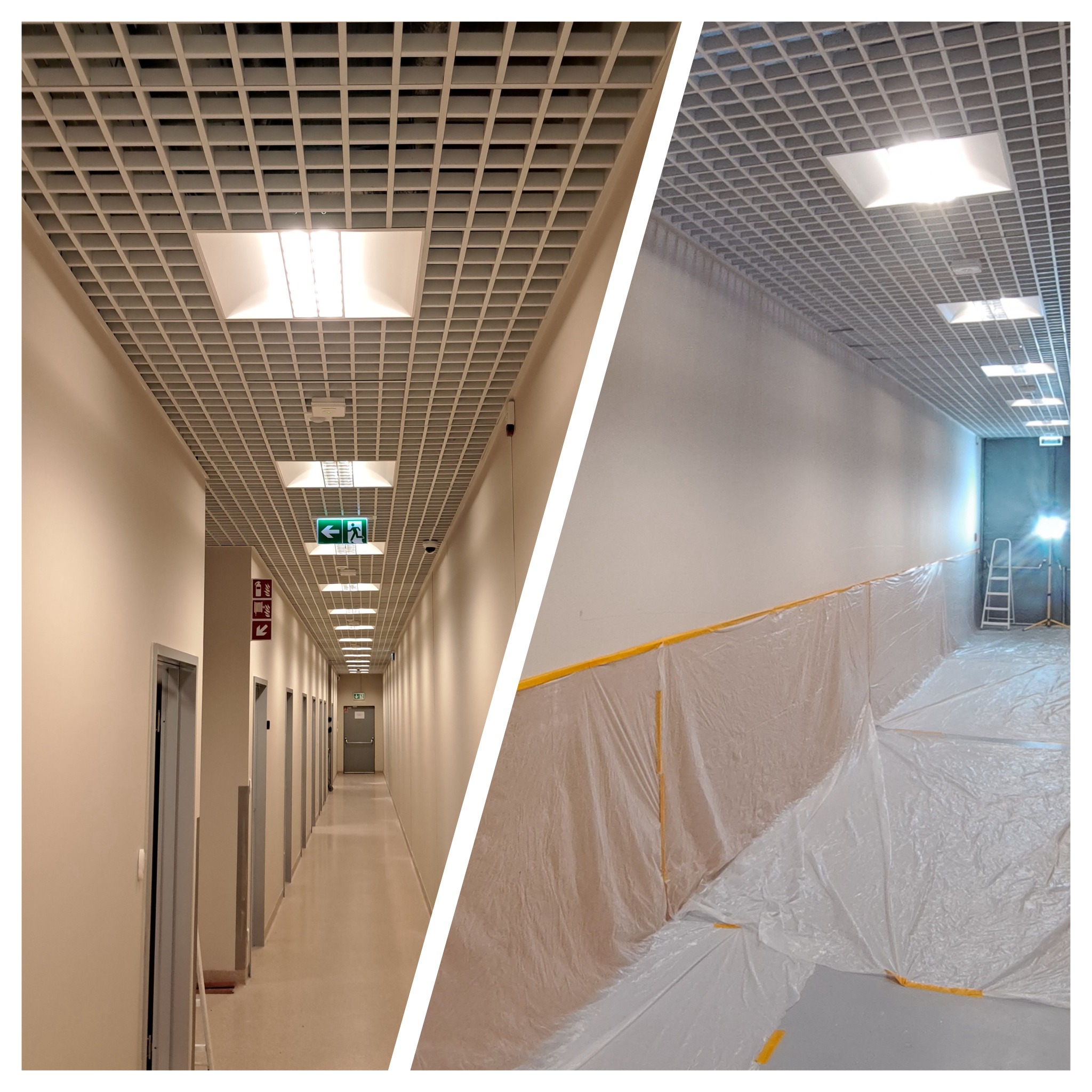 Korytarz biurowy w trakcie odświeżania: ściany zabezpieczone folią malarską, widoczne lampy w rastrowym suficie podwieszanym. Po lewej stronie korytarz po odmalowaniu.