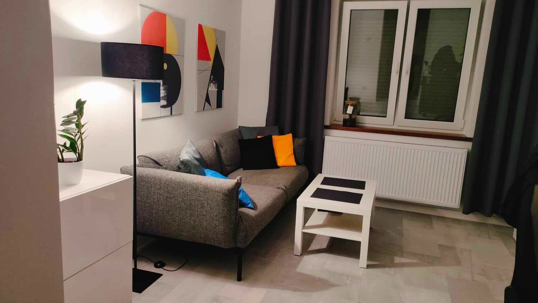 Szara sofa z kolorowymi poduszkami w pokoju z panelami podłogowymi, biała komoda z rośliną, lampa podłogowa, stolik kawowy i abstrakcyjne obrazy na ścianie.