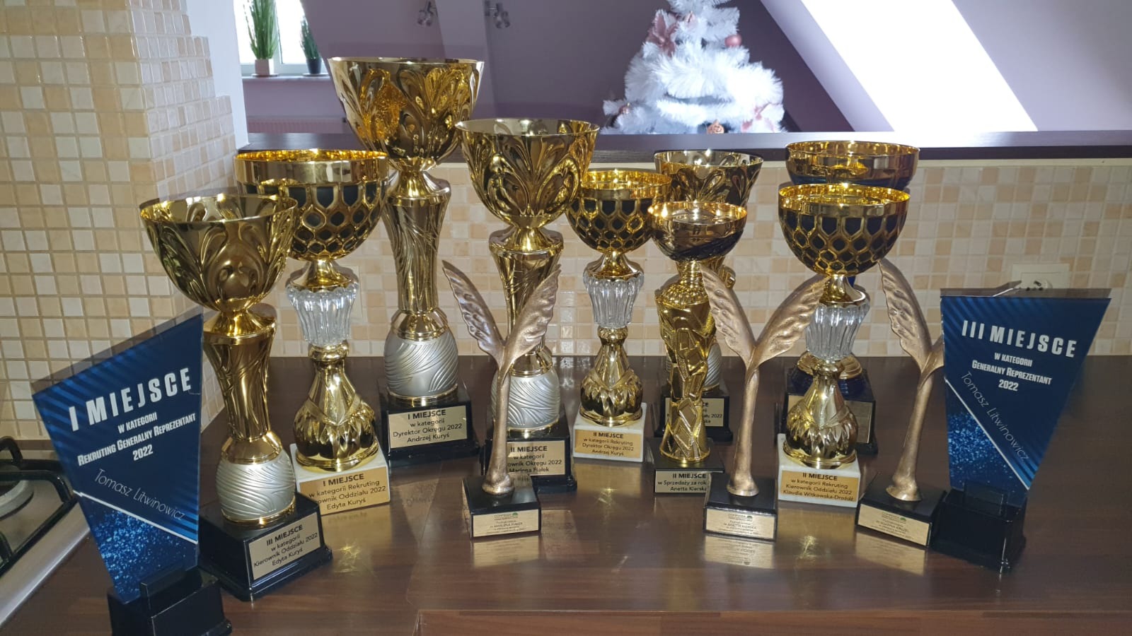 Kolekcja złotych pucharów i statuetek z napisami 'I Miejsce', 'II Miejsce', 'III Miejsce' w różnych kategoriach, w tym 'Rekruting Generalny Reprezentant', 'Dyrektor Okręgu', 'Kierownik Oddziału'...