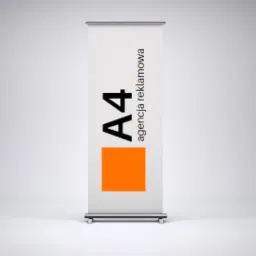 Roll-up reklamowy z logo 'A4' i nazwą agencji reklamowej w kolorach czarnym i pomarańczowym na białym tle.