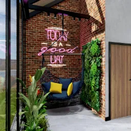 Wizualizacja balkonu z ceglaną ścianą, neonem 'Today is a good day', wiszącym fotelem z poduszkami, ścianą z zielonych roślin i widokiem na morze przez szklaną ścianę.