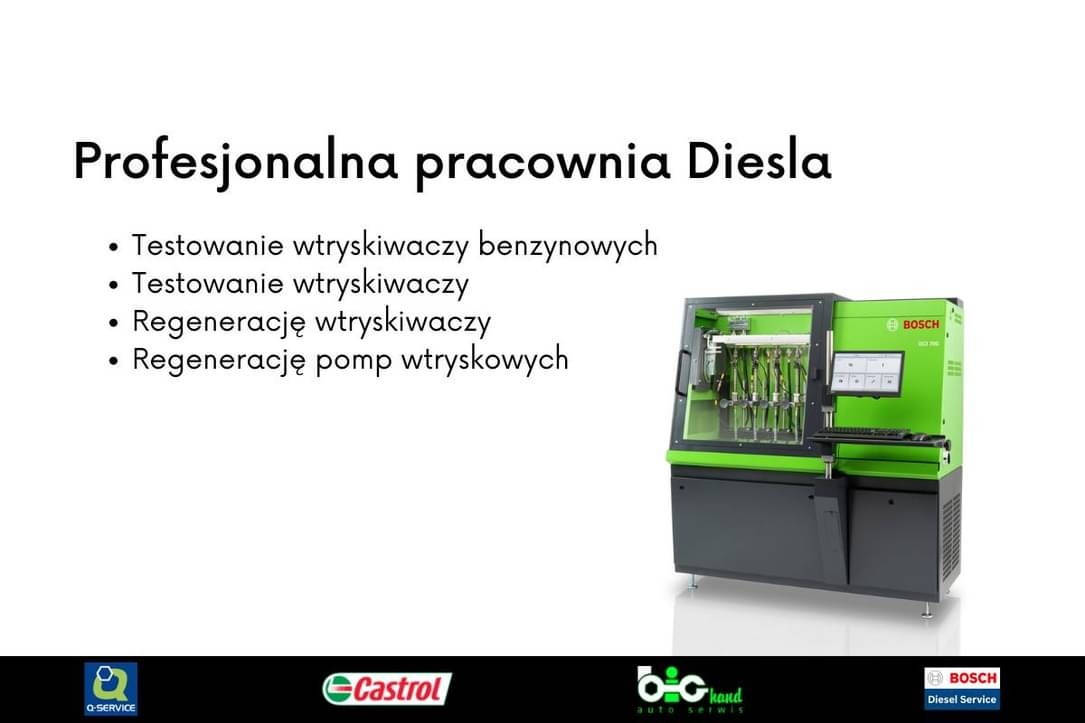 Profesjonalna pracownia diesla z zielonym urządzeniem diagnostycznym Bosch do testowania i regeneracji wtryskiwaczy oraz pomp wtryskowych, widoczne logo Castrol i Bosch Diesel Service.
