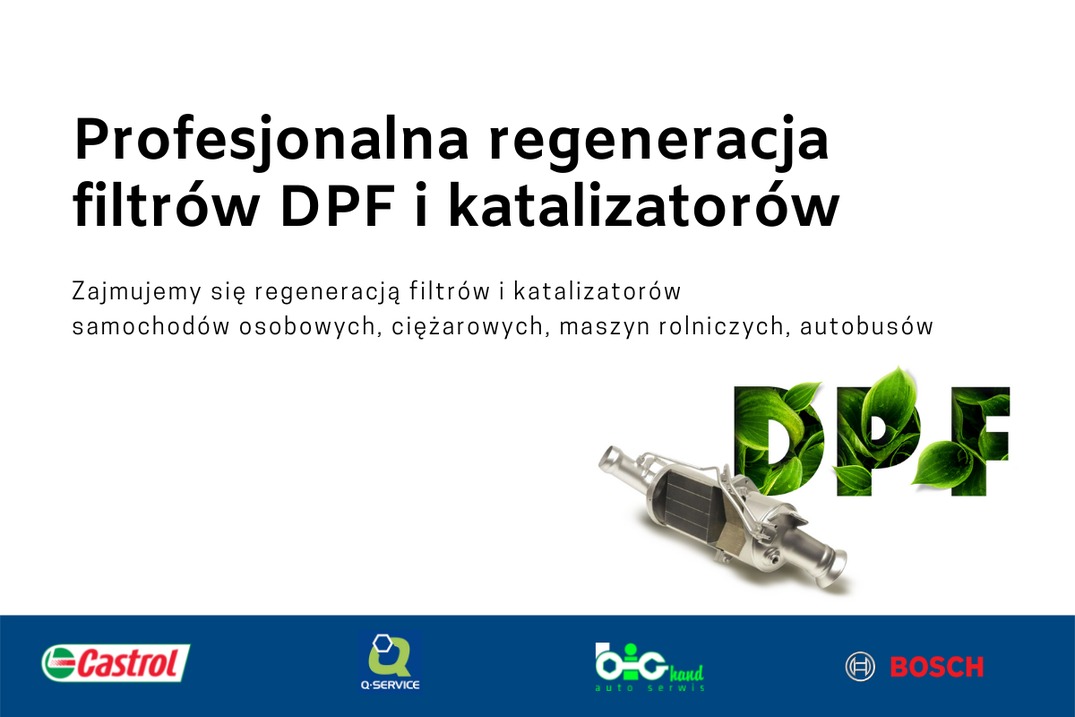 Reklama regeneracji filtrów DPF i katalizatorów z widocznym filtrem, napisem DPF z liści oraz logotypami Castrol, Q-Service, DG Hand Auto Serwis i Bosch.