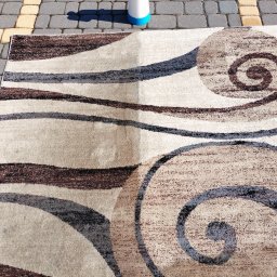 Dan-Bud - Dywan z abstrakcyjnym wzorem, częściowo wyczyszczony, leżący na kostce brukowej.