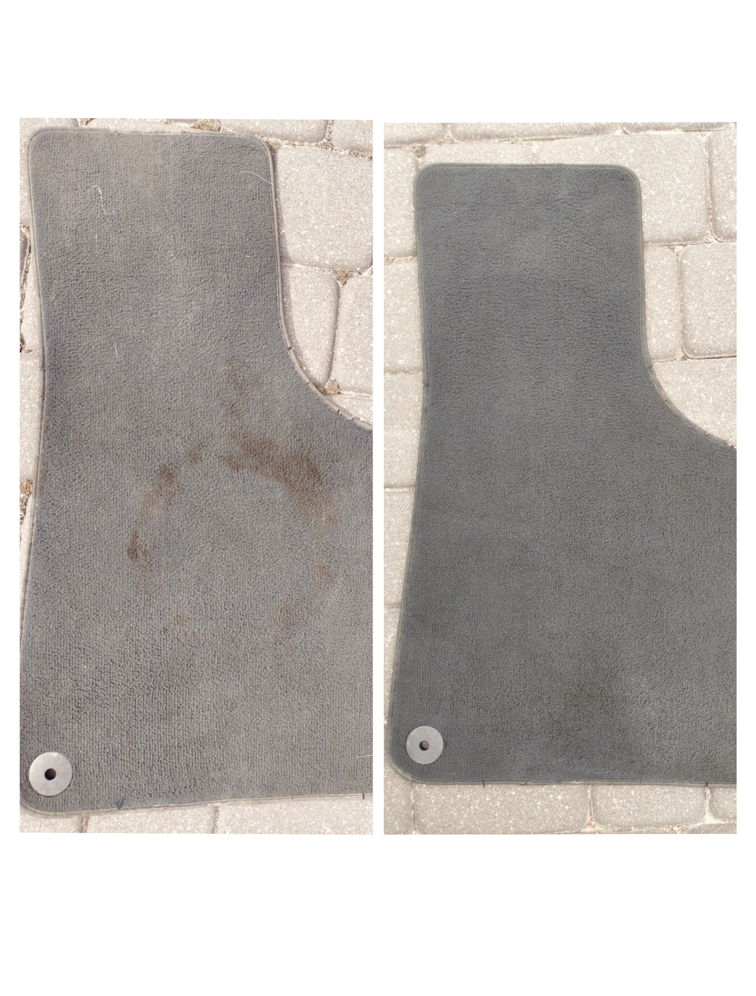 Porównanie: dywanik samochodowy z widocznymi plamami przed czyszczeniem i ten sam dywanik po wyczyszczeniu, ukazujący wyraźną różnicę w wyglądzie.