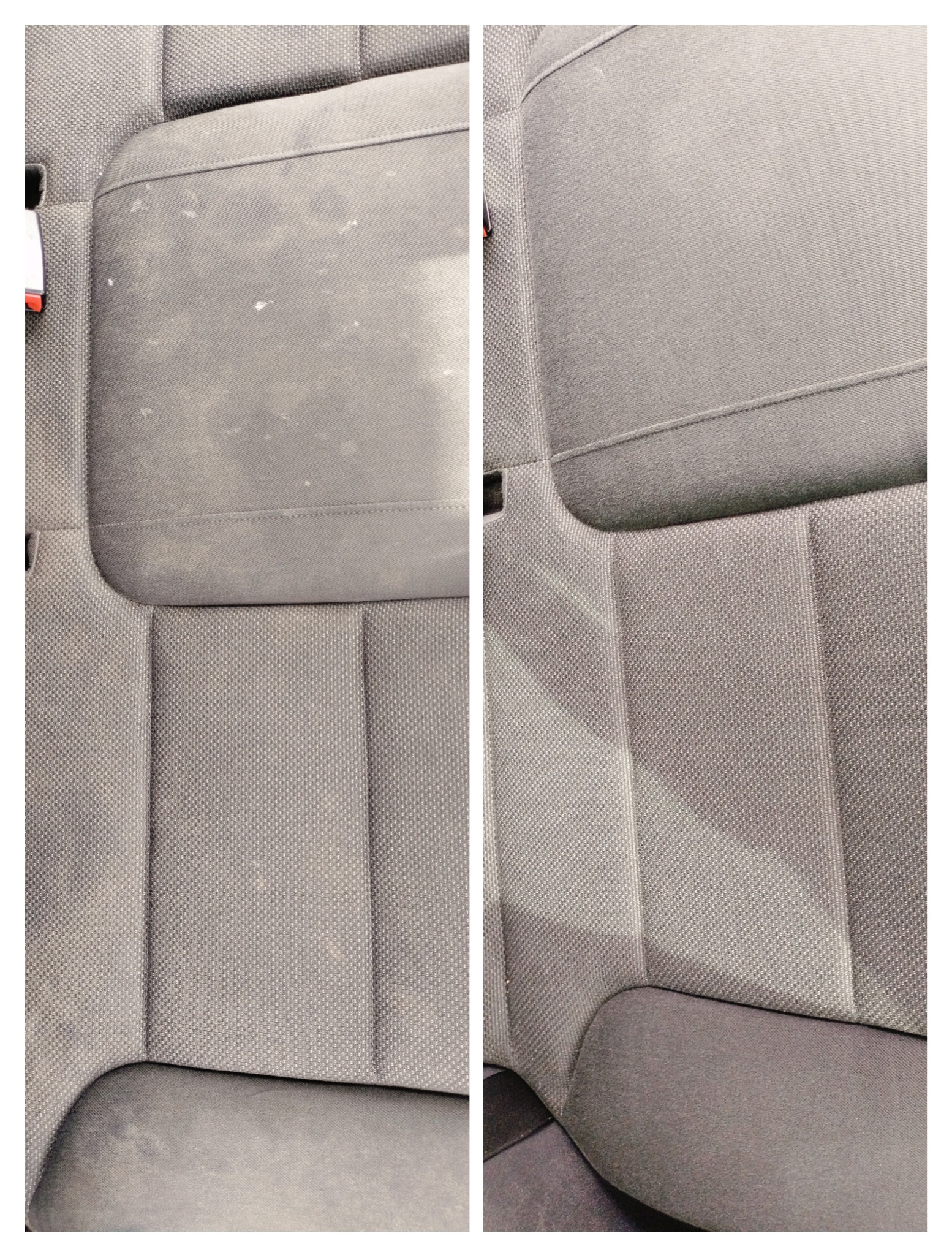 Tapicerka samochodowa w odcieniach szarości, po lewej stronie widoczne zabrudzenia przed czyszczeniem, po prawej efekt po czyszczeniu, widoczna wyraźna różnica w czystości materiału.